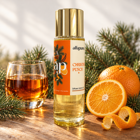 Christmas Punch Aromaöl von AlfaPureo mit einem Glas Rum, Orange und Tannenzweigen auf einem Holztisch.