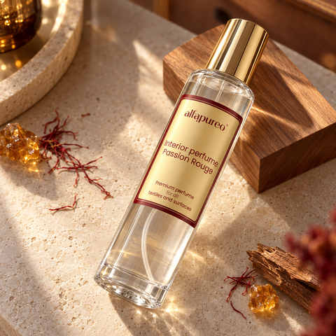 Passion Rouge, Textil- und Raumspray 200 ml auf hellem Stein mit Safran, Amber und Zedernholz