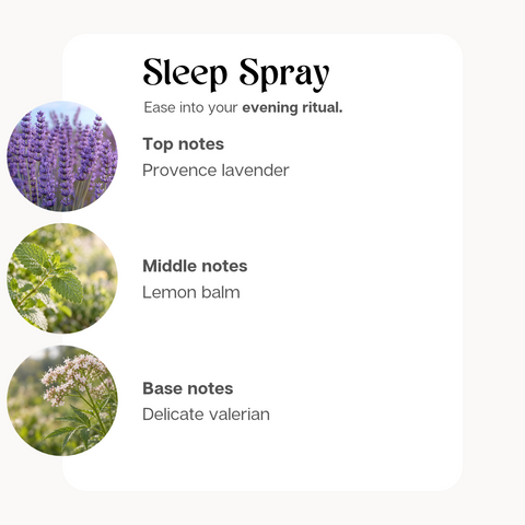 Vonné tóny Sleep Spray AlfaPureo: Provence lavender, Lemon balm a Delicate valerian. Levanduľa, medovka a valeriána.