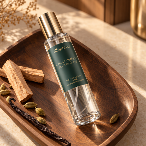 Spirit of Dubai, Textil- und Raumspray 200 ml auf einem Holztablett mit Elementen von Sandelholz, Kardamom und Vanille